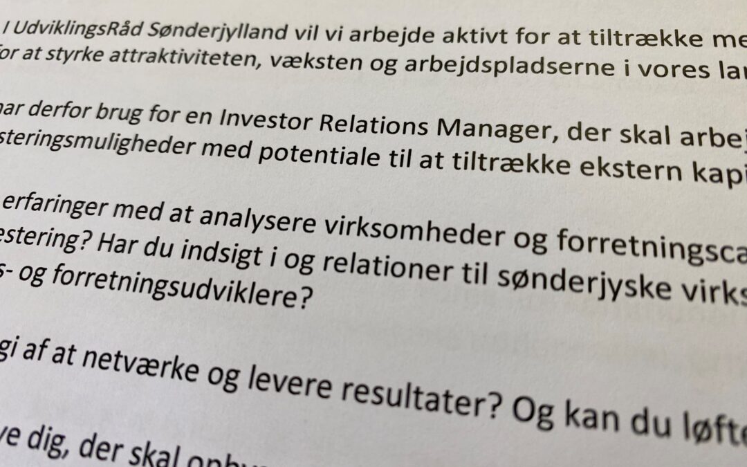 Jobopslag: Investor Relations Manager til UdviklingsRåd Sønderjylland
